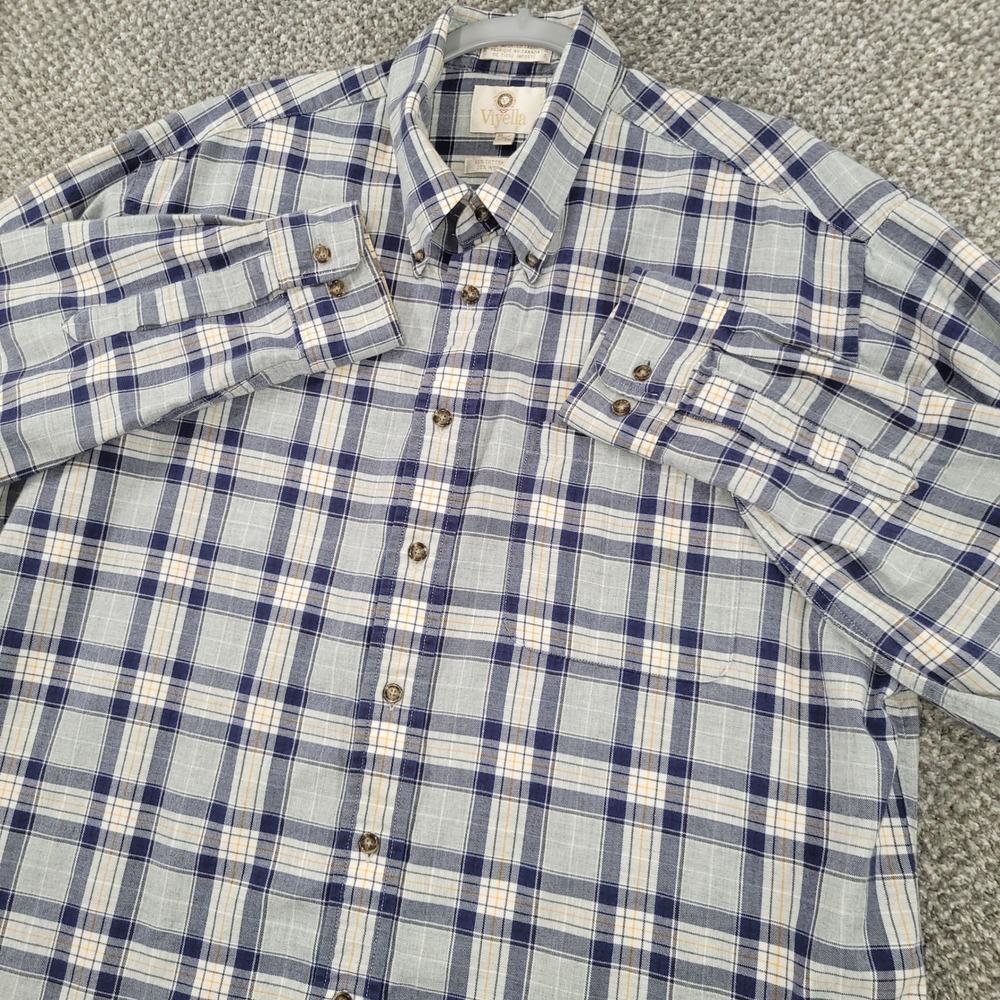 Viyella Mens XL Plaid Button Down Shirt Blue Grey Cotton Wool Blend Made Canada